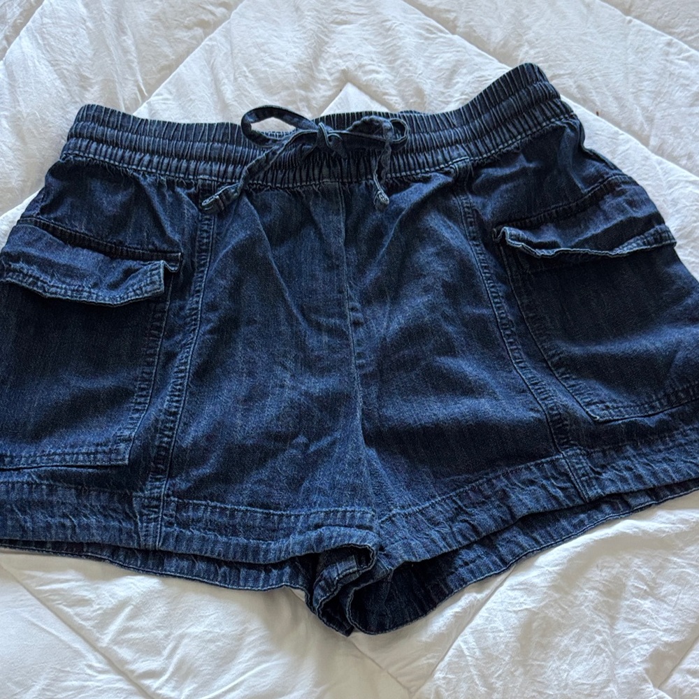Women's Dark Blue Denim Cargo Shorts with Drawstring